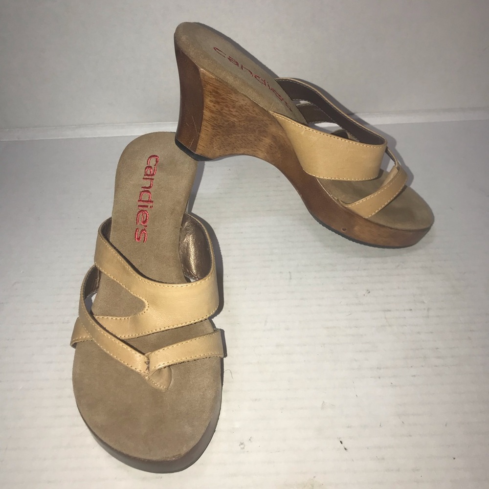 NOS Vtg 90s Y2K Candies Chunky Wood Platform Beige Leather Wedge Sandals Sz 6M